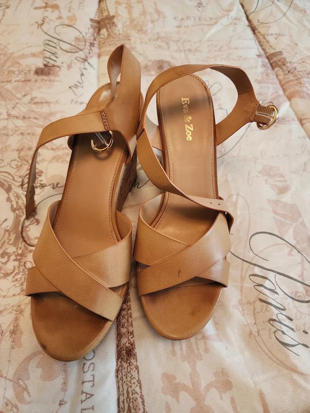 Eva & Zoe Tan Leather Wedge Sandals with Ankle Strap